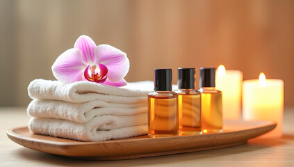spa accessories are on a wooden tray, towels, oils in jars, candles