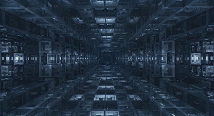 Abstract Interior Scenery with Perspective View of Dark Cubes Structure