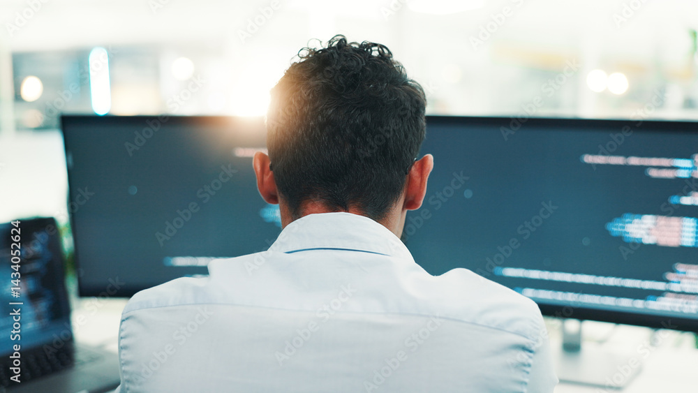 Aufkleber Programmer, man and computer screen with reading in office for writing code, planning digital software and debugging. Back, programming and employee with data analytics for app development or testing