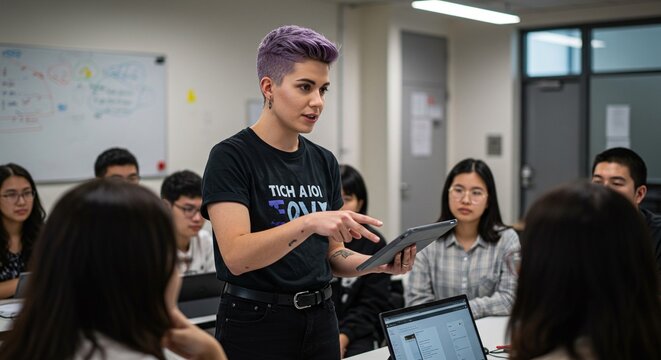 Social Inclusion - Woman with purple hair presenting to a classroom of students with a tablet in a modern setting