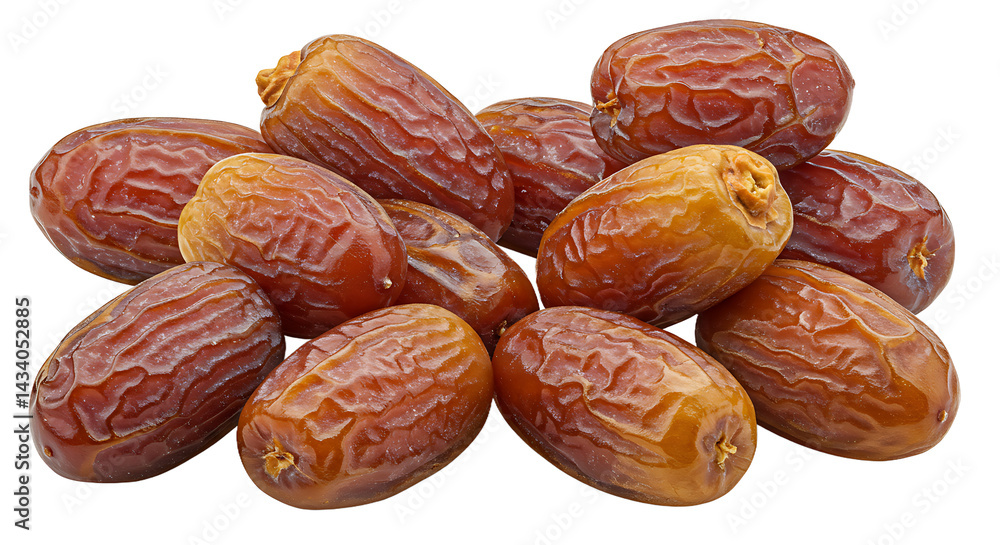 Poster a close up of a pile of medjool dates showing their texture and natural color variations on black