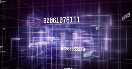 Image of data processing over light trails on black background