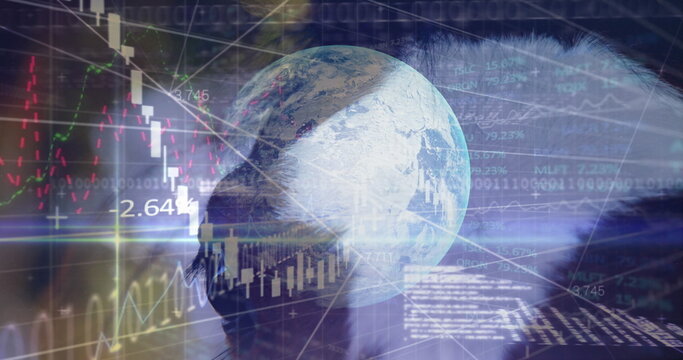 Image of data processing and globe over horse