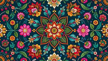 The vibrant colors and intricate patterns of Phulkari embroidery from Punjab are showcased in a textile piece, highlighting the region's rich tradition of needlework.