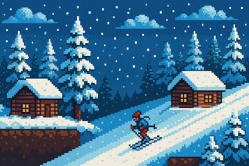 Fototapeta premium Pixel Art Winter Ski Adventure in Snowy Mountain Landscape Design for Poster or Card