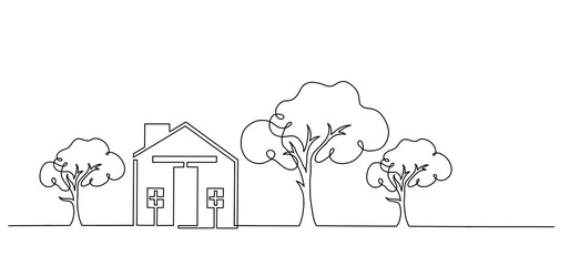continuous single line art of house and tree. Vectors illustration 
