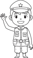 Cartoon outline of a young boy in a police uniform waving with a star on his hat and a big smile