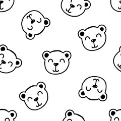 Adorable seamless pattern of doodle smiling bear faces for kids. Vector illustration