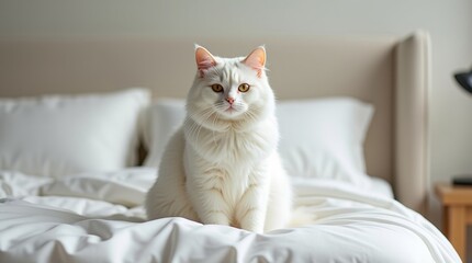 A highly detailed, high-resolution stock photo of a serene white cat sitting comfortably against the backdrop of a sleek, minimalist bed interior, characterized by a limited color palette of soft whit