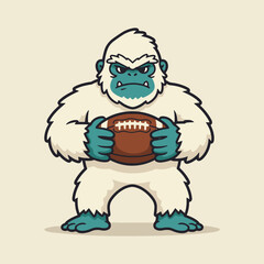 A cartoon yeti with white fur and teal skin holding a brown football with white laces in its hands