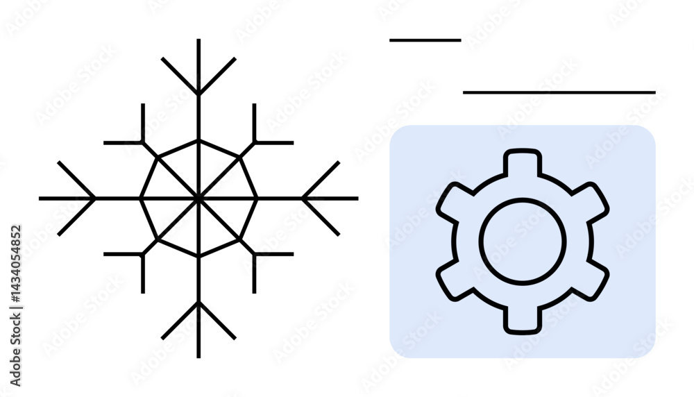 Poster minimalist snowflake next to gear in blue. ideal for weather, engineering, process, technology, ener
