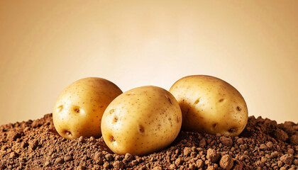 Three raw potatoes lie on rich soil, emphasized by a warm gradient background. The image emphasizes natural texture and organic appeal