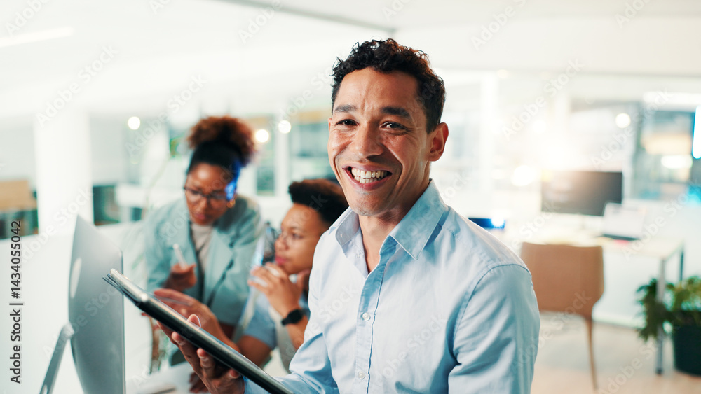 Aufkleber Tablet, smile and man in office with confidence for web development, online project or software management. Network, portrait or programmer on digital app with team, research or design at tech agency