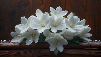 Pristine white flowers adorned with dewdrops on wood