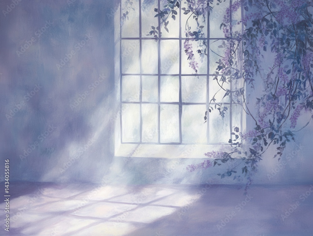 Aufkleber serene room bathed in soft light with wisteria vines cascading around window creating a peaceful atm