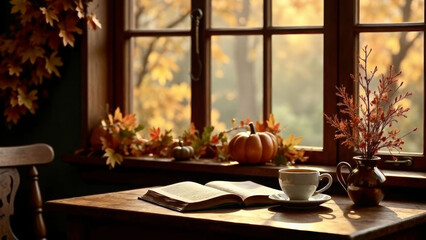 A cup of coffee near an open book, a vase of flowers next to it against the background of a window with autumn leaves and a pumpkin. Autumn mood concept.