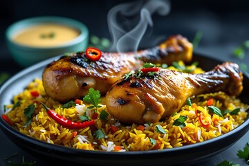 Grilled chicken drumsticks on aromatic biryani rice with herbs, chili garnish, and steam in moody food styling

