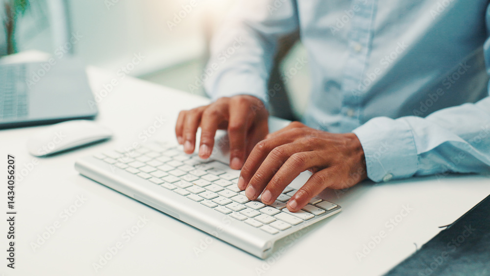 Poster Programmer, research or hands of person with keyboard for writing code, app development and debugging. Computer, programming and typing with technology for software testing, system or online update