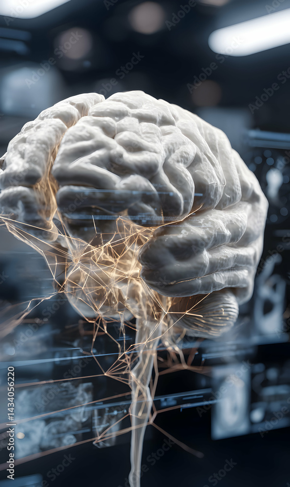 Poster human brain model with intricate neural network activity representing cognitive processes and innova