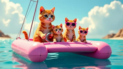 Family of cats traveling on a catamaran by sea. Tourism and recreation concept.