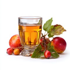 Golden apple juice in glass with fresh red apples and green leaves on white background healthy autumn harvest drink still life photography