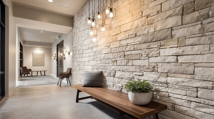 Apartment Entrance Stone Wall Design Modern Interior Architecture Home Decor Stylish Foyer Contemporary Living Space Elegant Residence Interior Element Visual Appeal artistic lowercase
