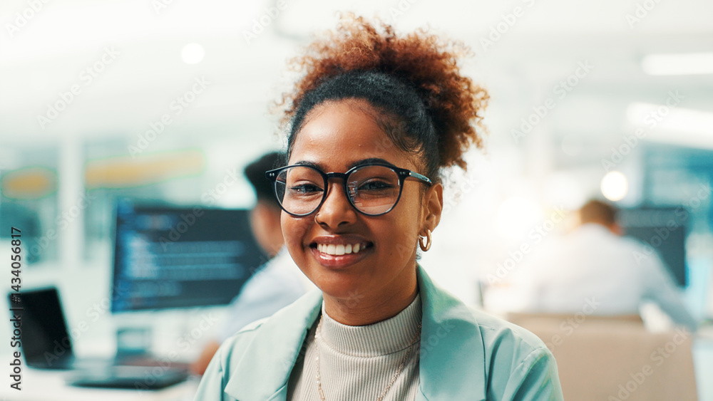 Poster Portrait, smile and programmer with business woman in office cyber security, network domain and code analyst. Server encryption, tech startup and software review with person in IT firm for VPN system