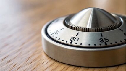 Close up of metallic timer wooden surface, showcasing its sleek design and precise markings, evokes sense of mindfulness