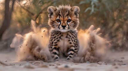 Obraz premium Playful cheetah cub surrounded by dust cloud in the desert.