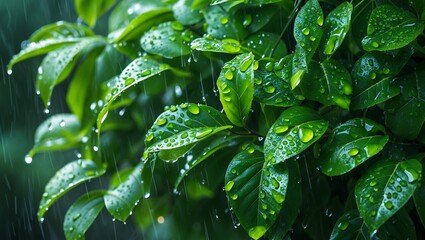 Fototapeta premium Rain kissed leaves glimmering with freshness