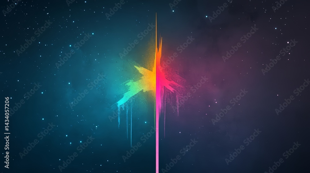 Poster colorful image of a star with a rainbow stripe and a blue background. the image is abstract and has 