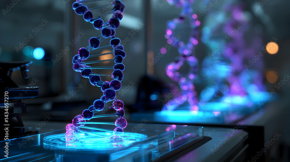 Poster illustrative render of dna molecular structure in a laboratory setting showcasing science innovation