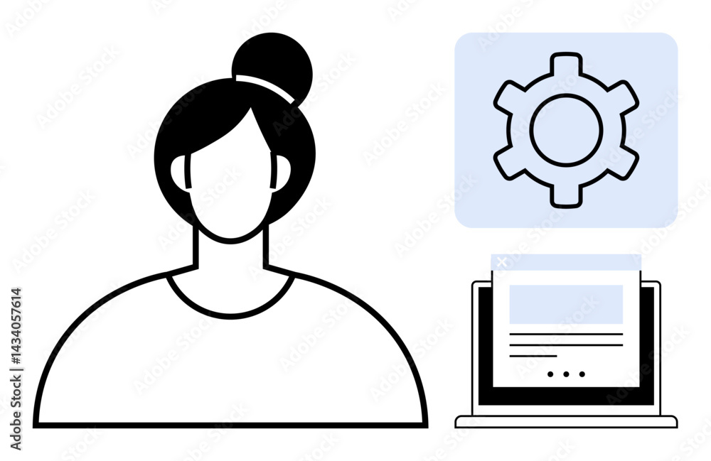 Aufkleber female avatar facing forward next to a gear symbol representing settings and a computer screen. idea