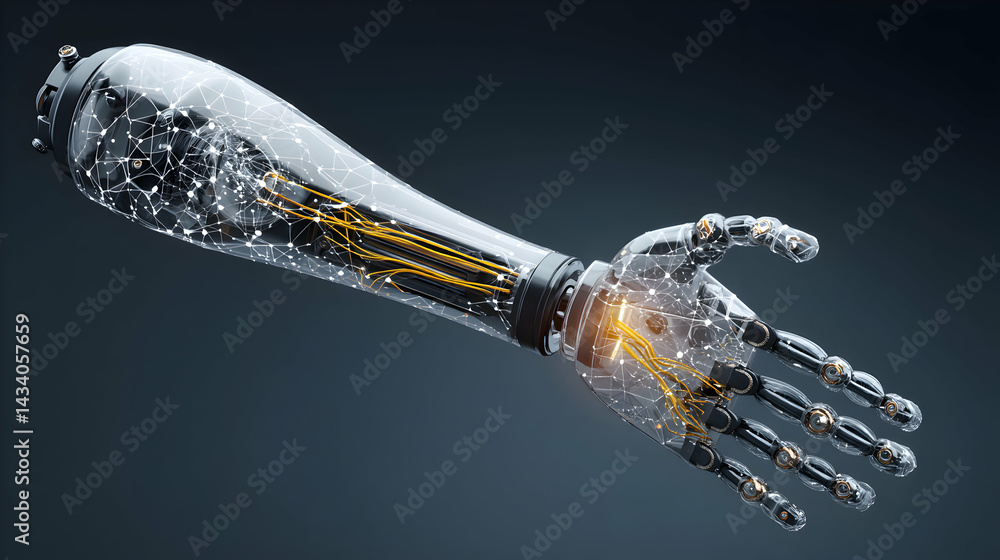 Poster bionic arm visualization featuring transparent layers with circuit and connector detailing for robot