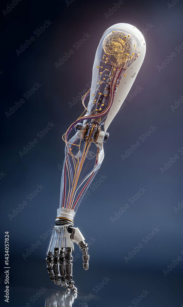 Aufkleber futuristic mechanical prosthetic arm design with visible inner workings and transparent components r