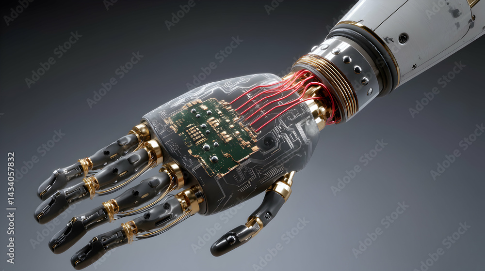 Poster articulated robotic hand with visible circuitry reveals complex engineering innovation design