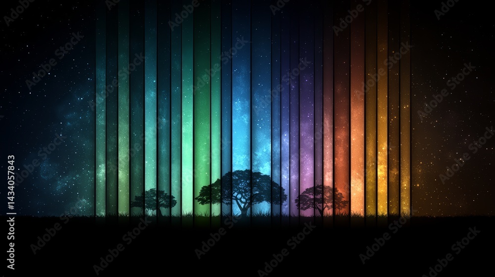 Fototapete Beautiful and serene scene of trees and stars, with a rainbow of colors creating a sense of peace and tranquility. The trees are scattered throughout the image, with some closer to the foreground