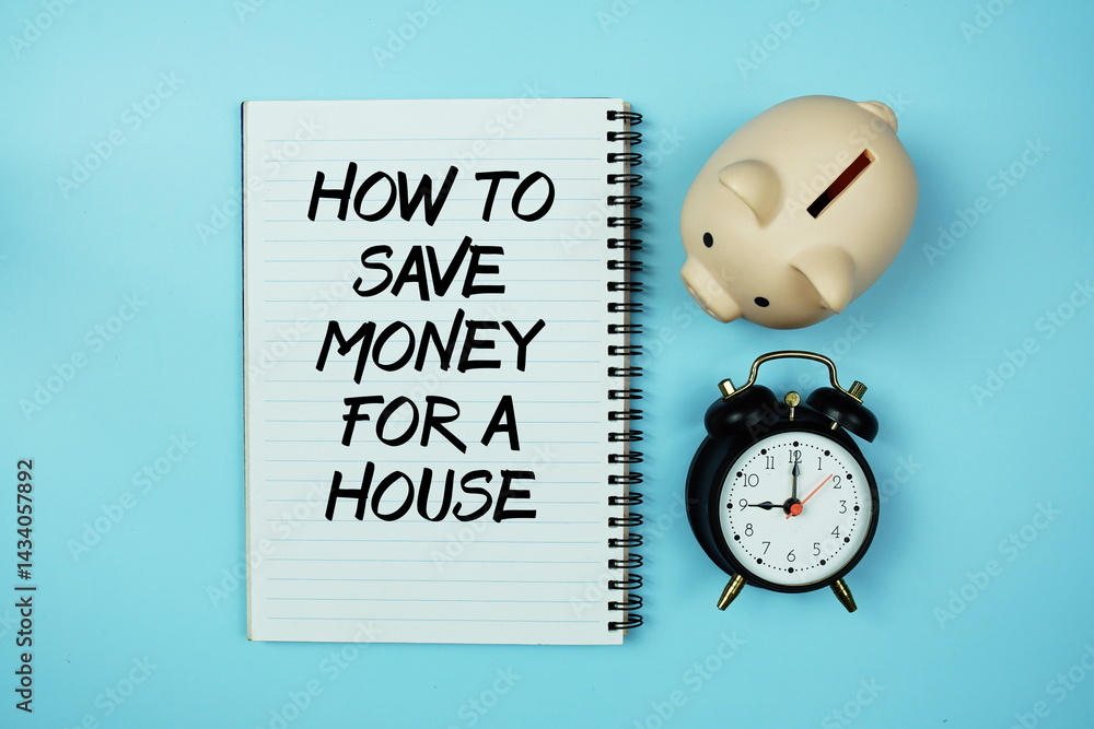 Poster how to save money for a house text on notebook paper and piggy bank and alarm clock on blue backgrou