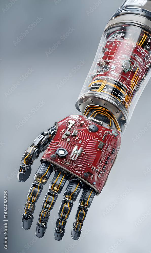 Poster articulated robotic hand revealing intricate circuit design a marvel of engineering and automation
