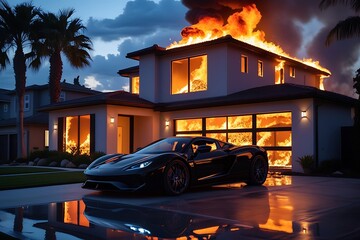 Luxury sports car in suburban driveway with modern two-story house engulfed in flames, cinematic lighting and dramatic fire

