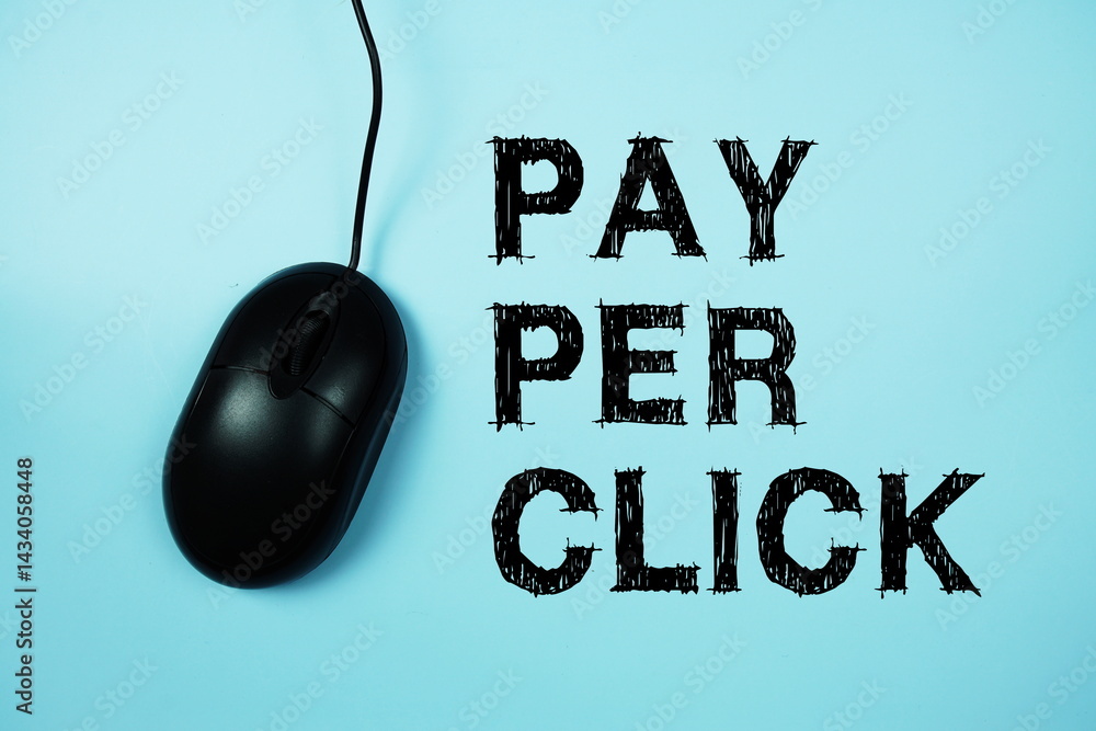Poster pay per click text with optical mouse on blue background