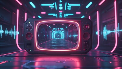 Retro vhs fantasy game screen with neon visuals