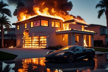 Luxury sports car in suburban driveway with modern two-story house engulfed in flames, cinematic lighting and dramatic fire

