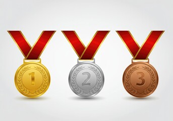 Gold, Silver, and Bronze Medals with Red Ribbons Isolated on a Clean White Backdrop