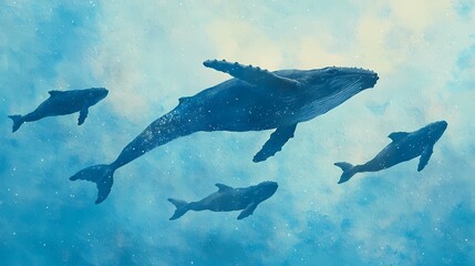 Fototapeta premium Humpback Whale Family Underwater, Mother humpback whale and her calves swimming in the ocean.