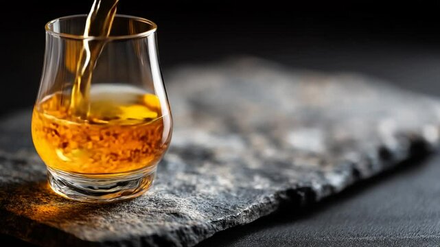 A glass of whiskey on a black stone table with soft lighting