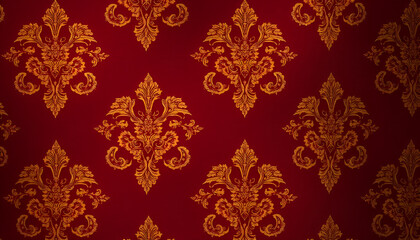Fototapeta premium Ornate Red and Gold Damask Wallpaper with Regal Floral Motifs