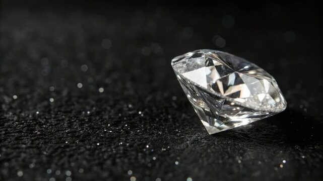 Dolly shot of Sparkling diamond gemstone on black textured surface, luxury brilliance, clarity, elegance, and precious jewel crystal, close up macro photography