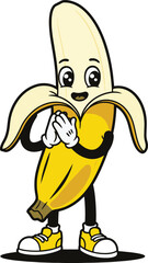 Cartoon banana character standing with hands clasped wearing yellow shoes on a white background