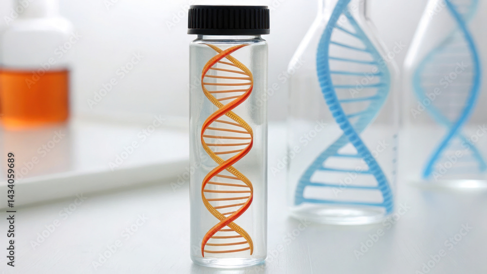 Poster close up view of transparent vial containing dna double helix model, showcasing intricate details an